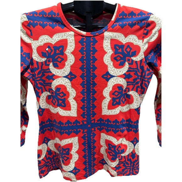J McLaughlin Top Womens XS Pinwheel Signature Catalina Cloth 3/4 Sleeve Red Blue - Picture 2 of 5